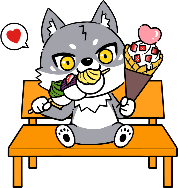 食べ歩きを楽しむマカミのイラスト