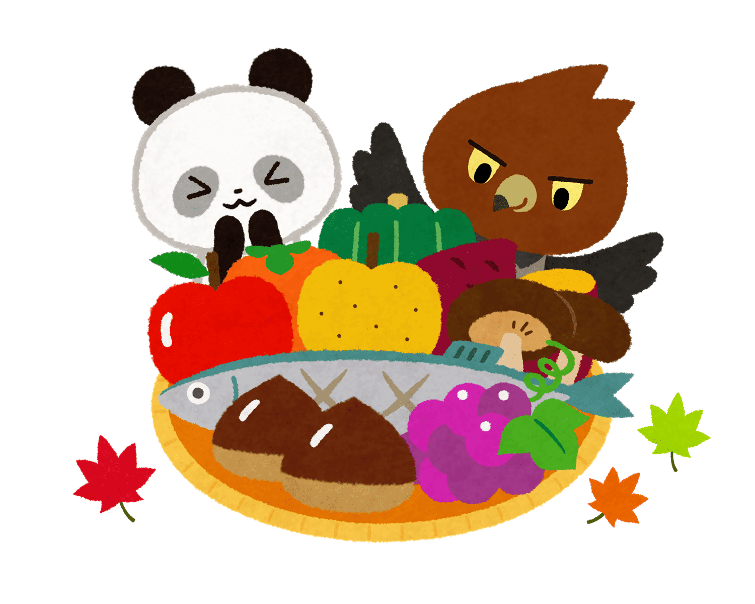 秋の食材とリーリー、ナルカミのイラスト