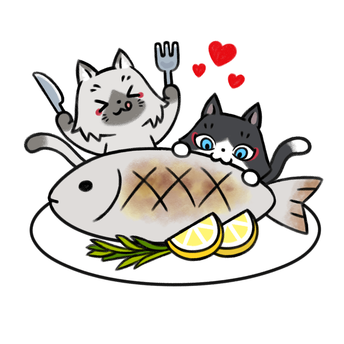 魚を食べるトワとセツナのイラスト