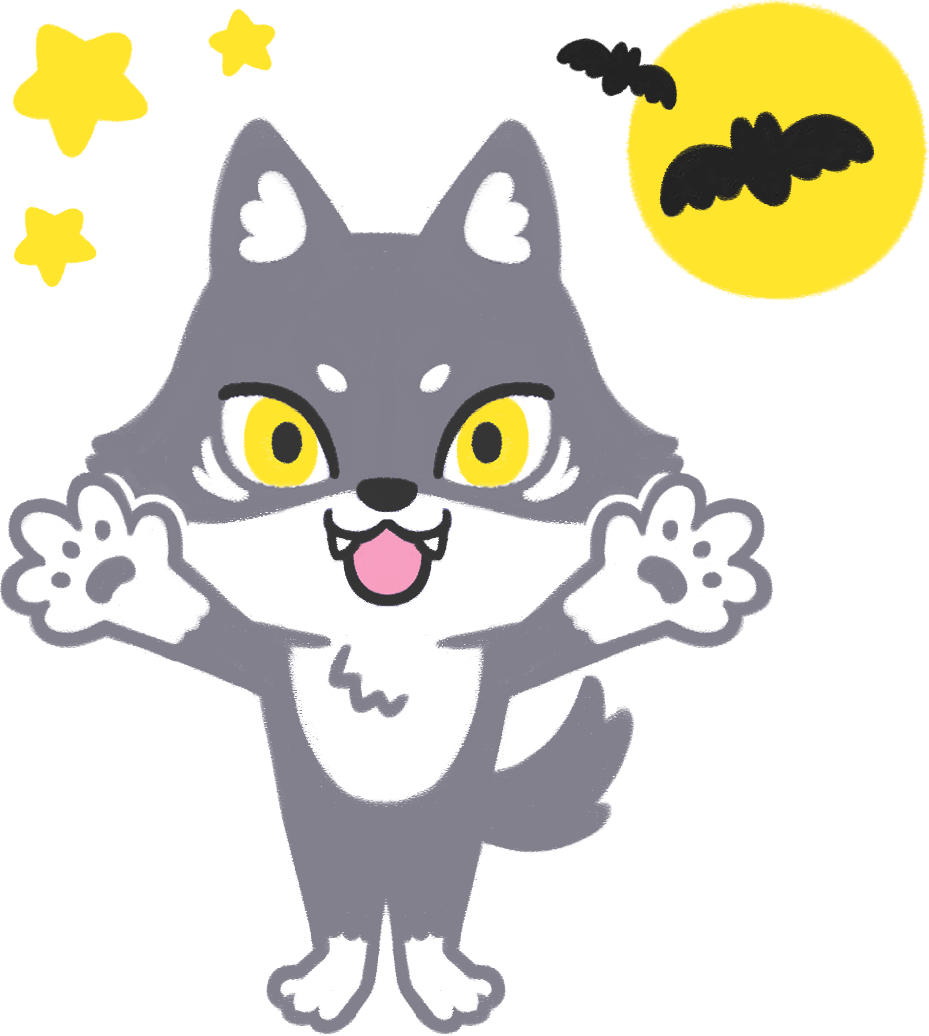 オオカミのマカミとコウモリのイラスト