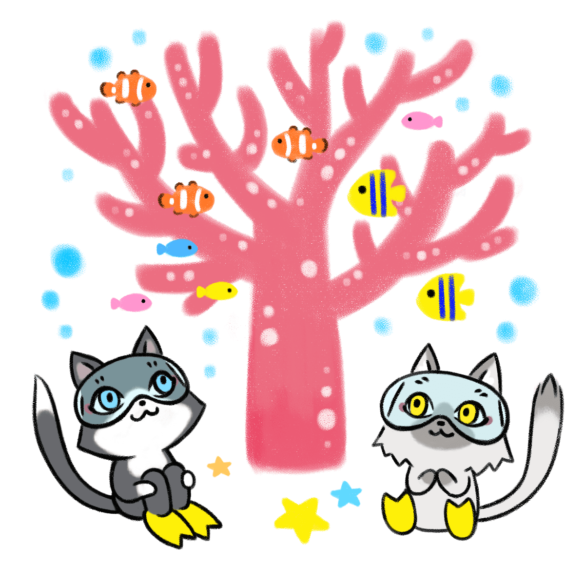 サンゴを眺めるトワとセツナのイラスト