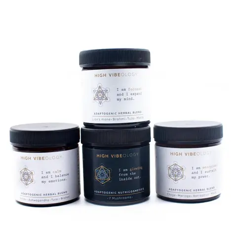 Four jars of High Vibeology herbal blends with black lids, featuring text describing benefits like focus, calmness, and energy enhancement.