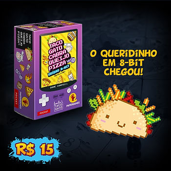 Caixa e elementos do Novo jogo Taco Gato Cabra Queijo Pizza versão 8bit custando R$15 o aluguel no Joga Assim