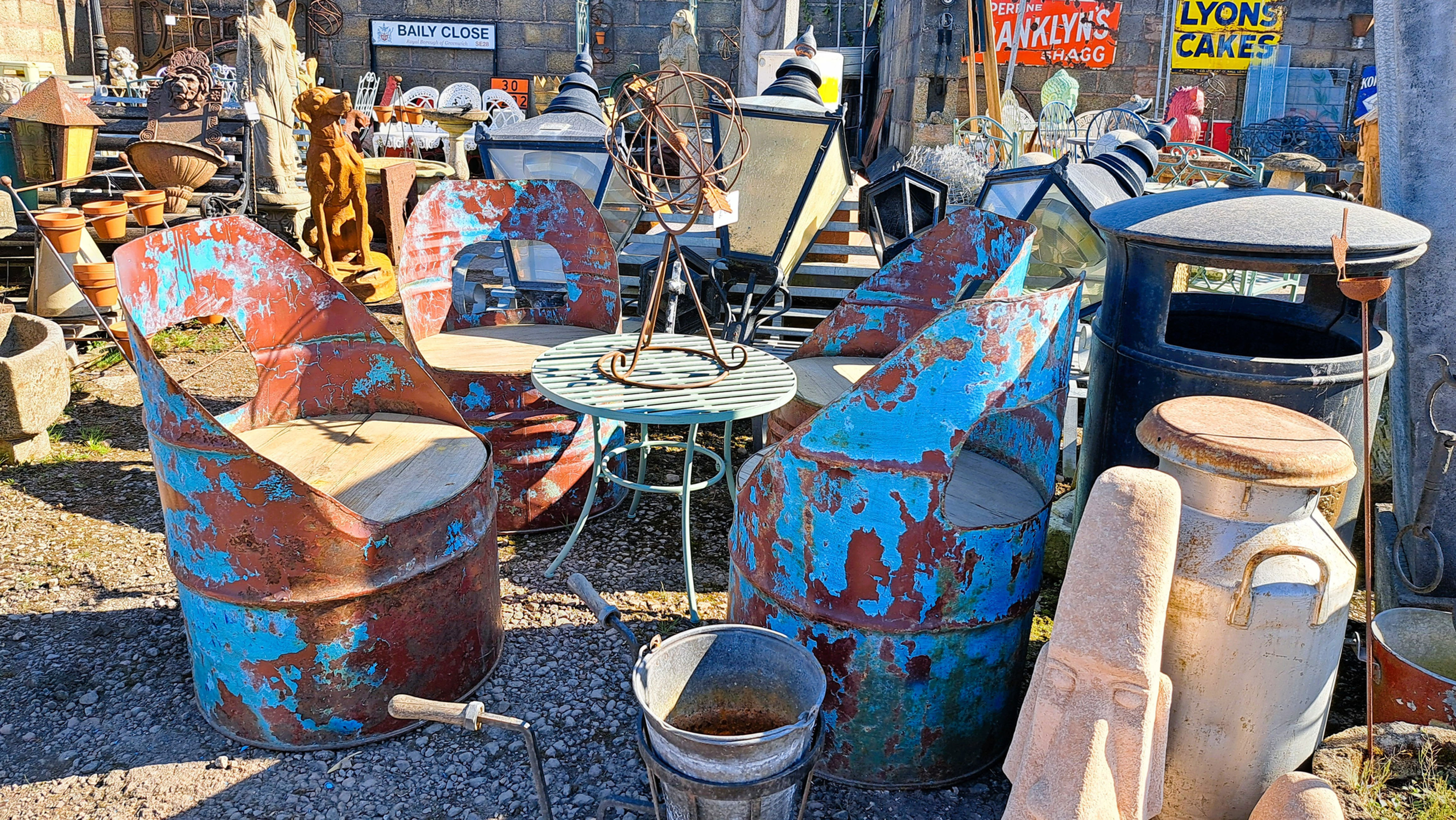 Vintage Indian Industrial Barrel Chair in Distressed Blue and Red full set