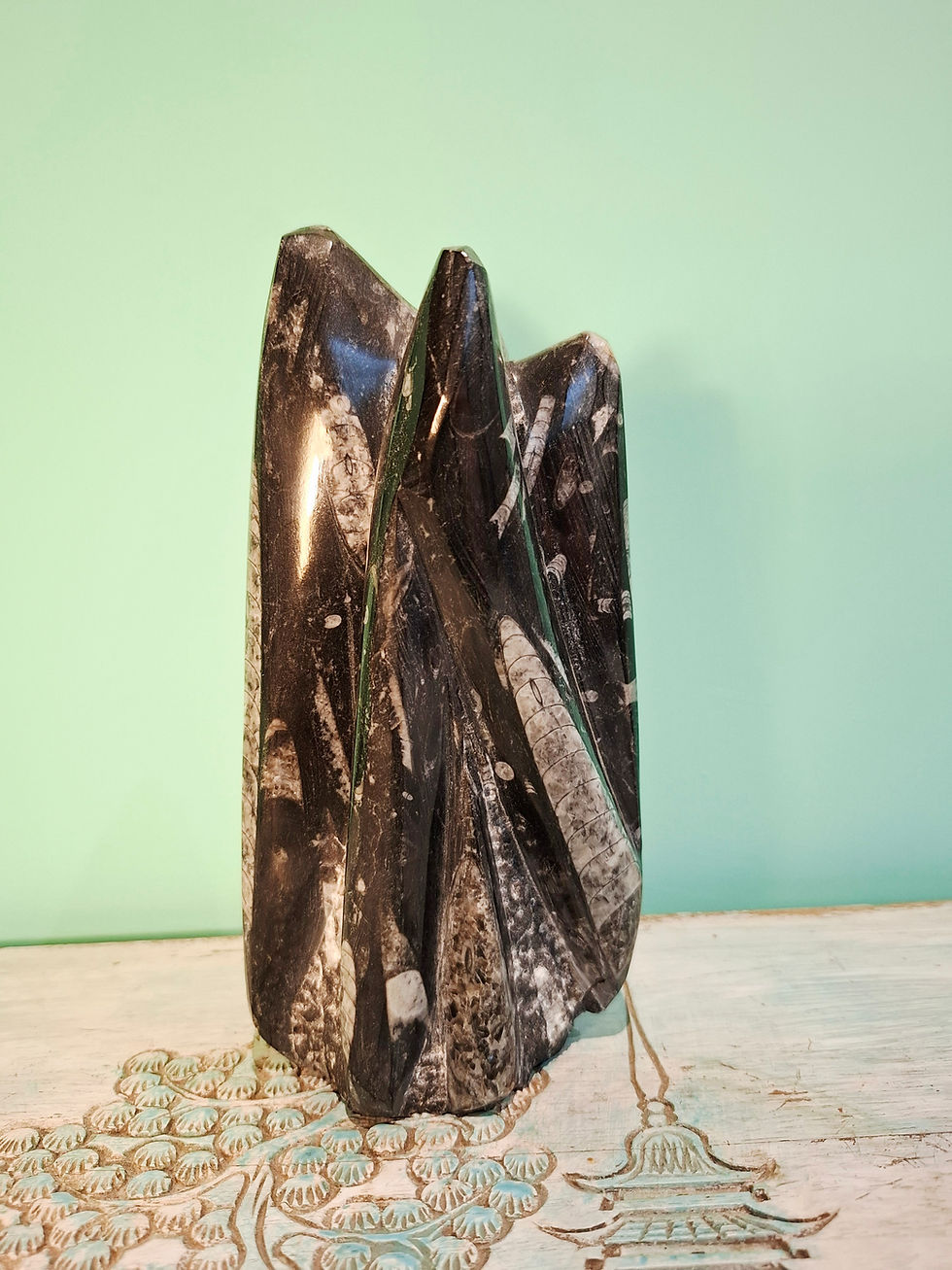Thumbnail: Sculpted fossil marble with prehistoric sea creatures