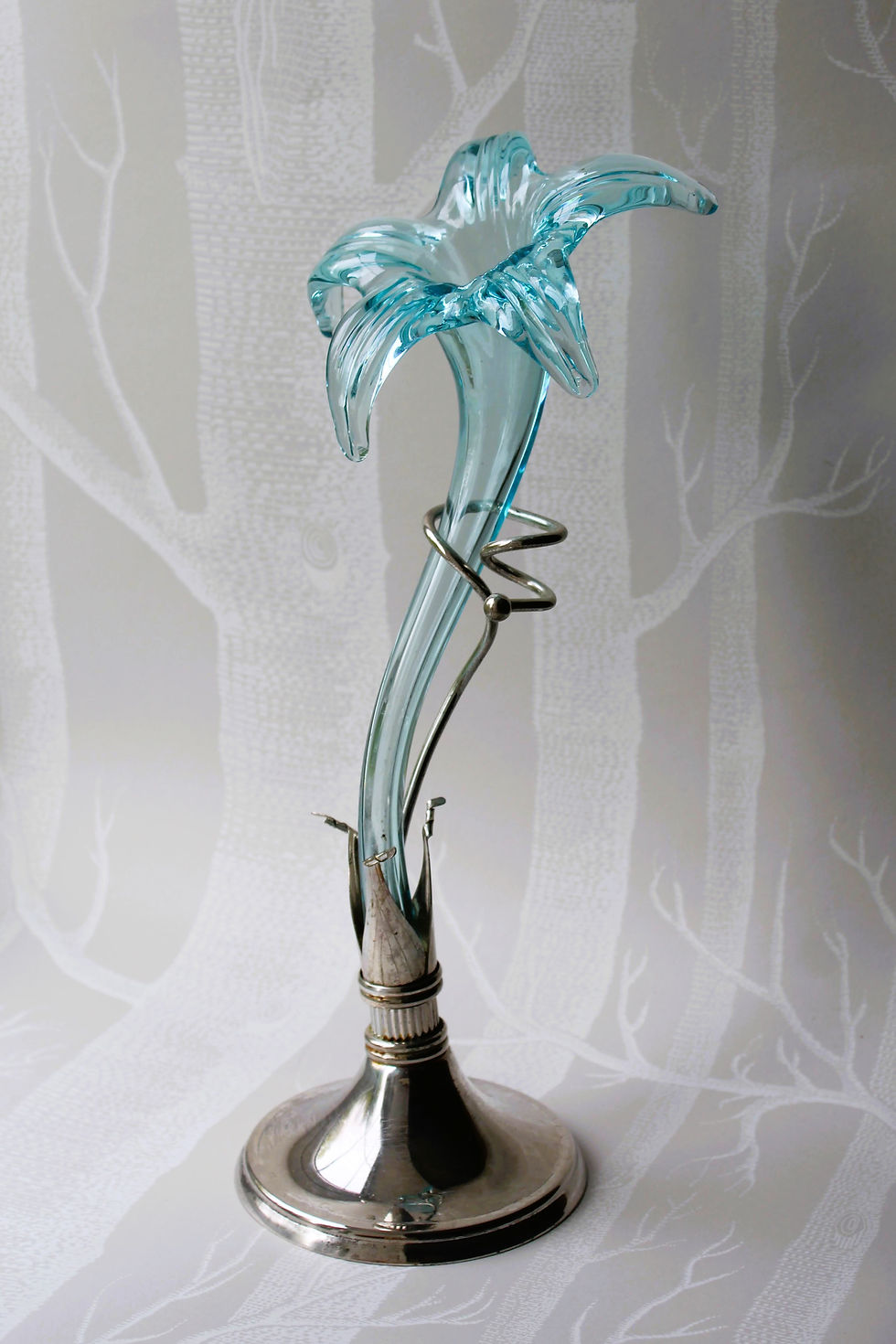 Thumbnail: Vintage blue glass lily vase with silver-plated base and spiral metal support