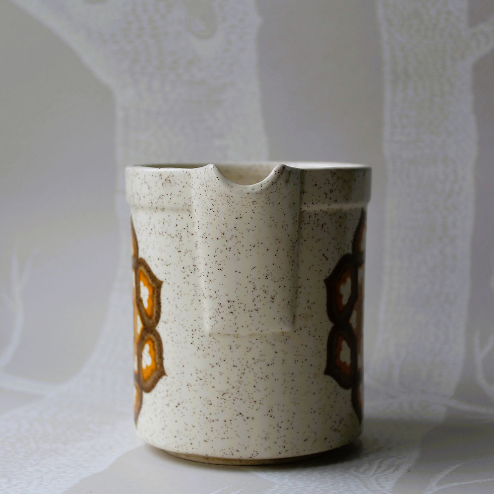 Thumbnail: Rear view of vintage Polissy Tapestry stoneware jug showing handle and speckled finish