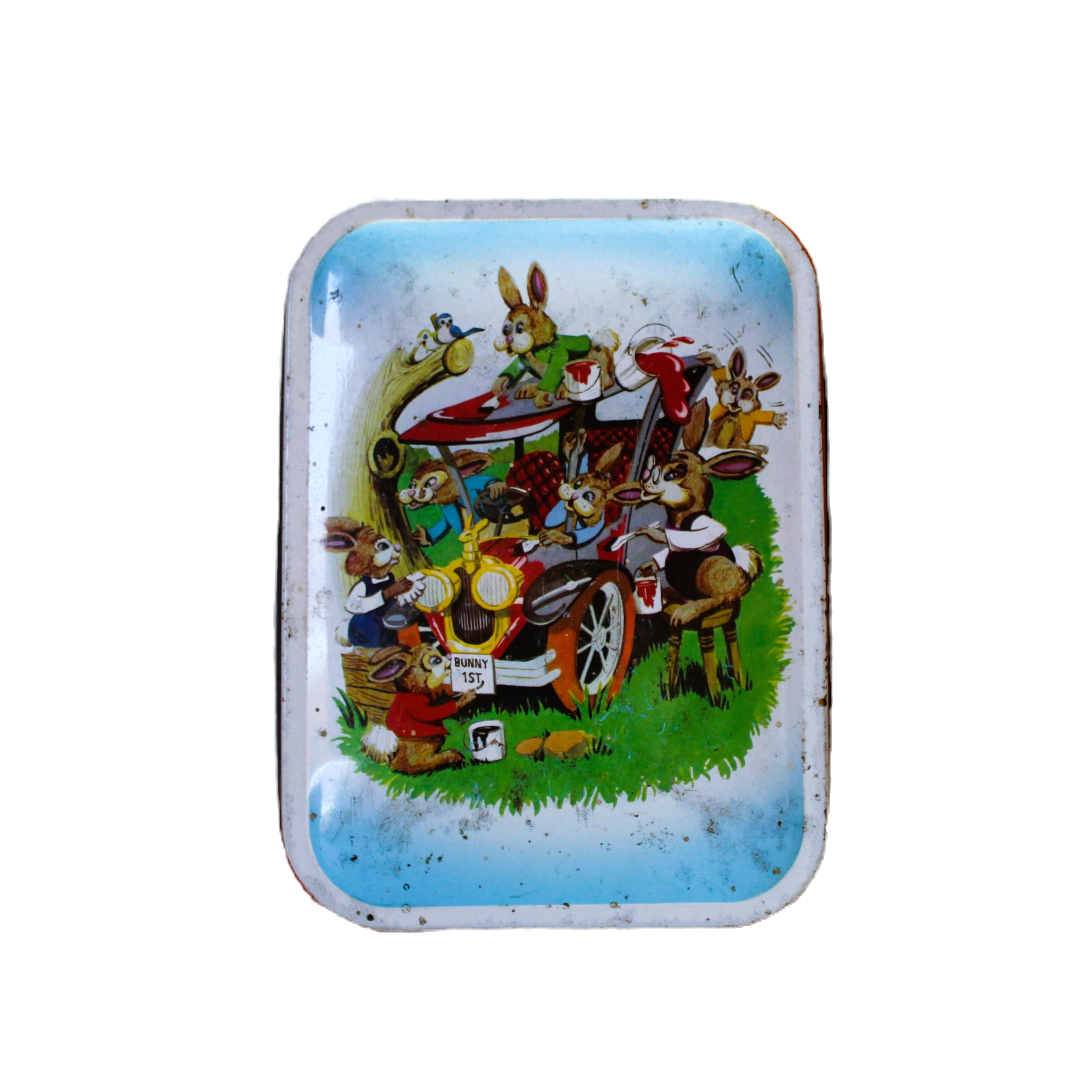 Vintage Blue Bird Confectionery Tin – Bunny Car Race Design, 1950s