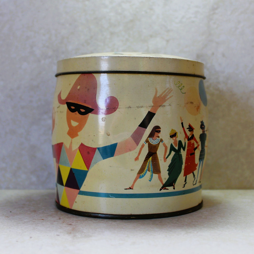 Thumbnail: Angled view of vintage Harlequin Party confectionery tin with pastel carnival scene and geometric design.