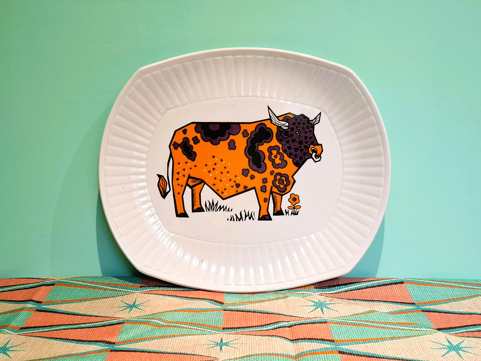 Thumbnail: Vintage English Ironstone Beefeater plate with orange and purple cow design, 1970s British tableware