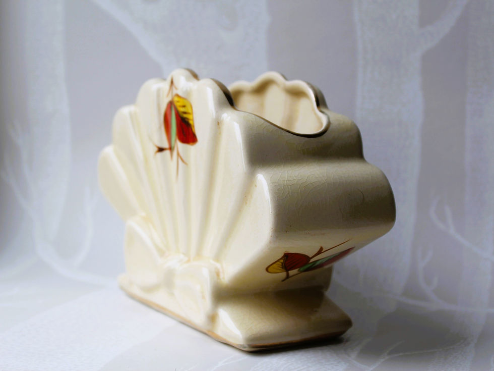 Thumbnail: Retro cream ceramic fan vase with red and green leaf design