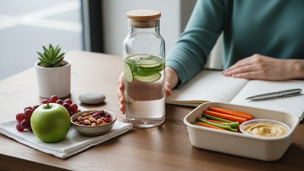 Close-up view of a desk with a water bottle and healthy snacks