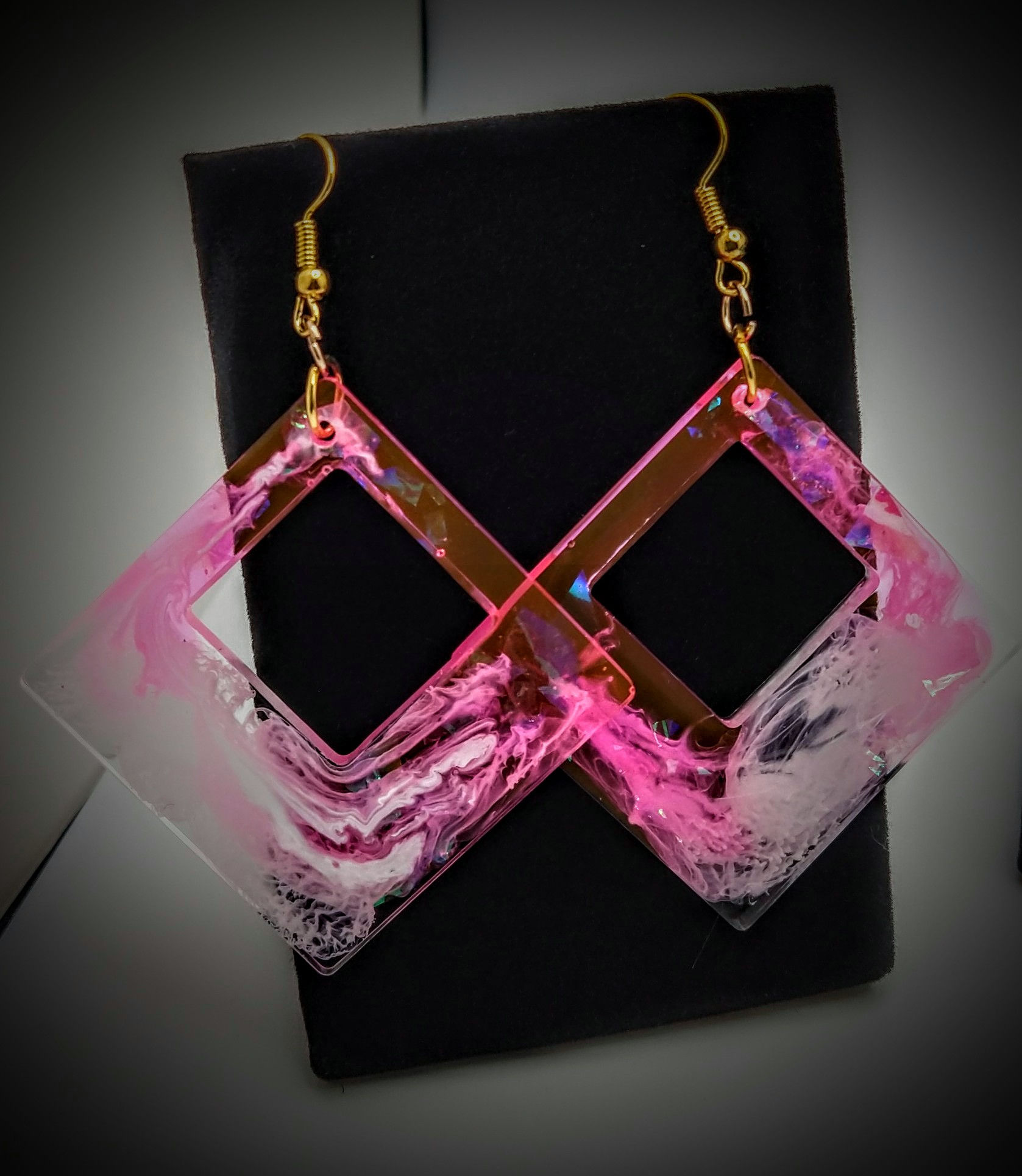 Pink and white resin earrings