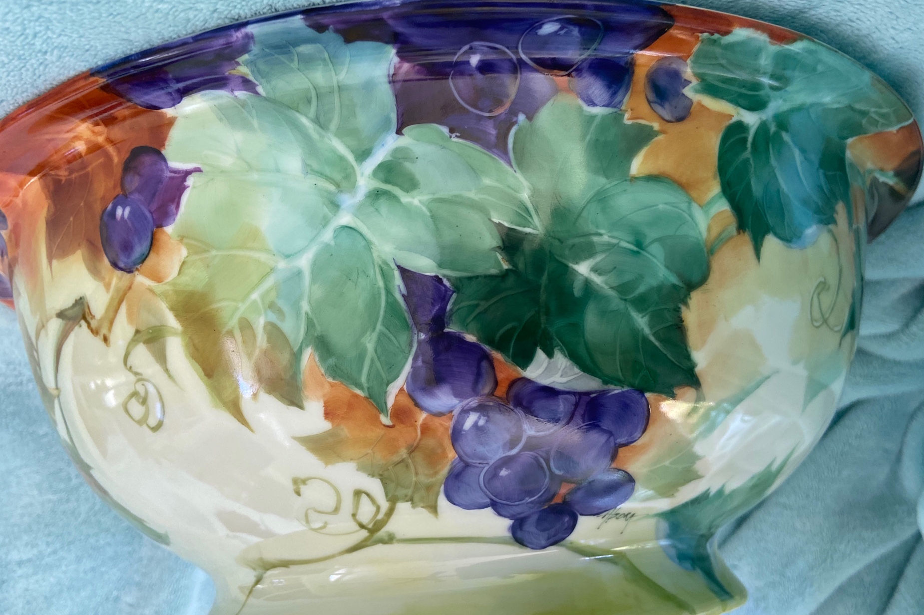Signed Alzora. Large Punch Bowl with Green and Purple Grapes