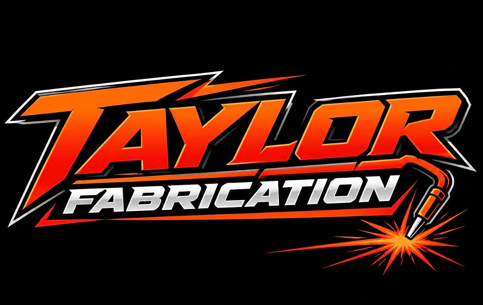 Taylor Fabrication logo in orange and white on black background, landscape