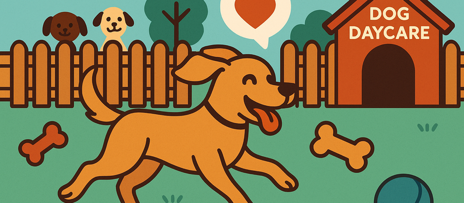 A happy golden dog runs excitedly across a grassy daycare yard, surrounded by chew toys, a blue ball, and a red doghouse labeled “DOG DAYCARE,” with two other dogs watching from behind a fence and a heart icon floating in the air, symbolizing joy and socialization.