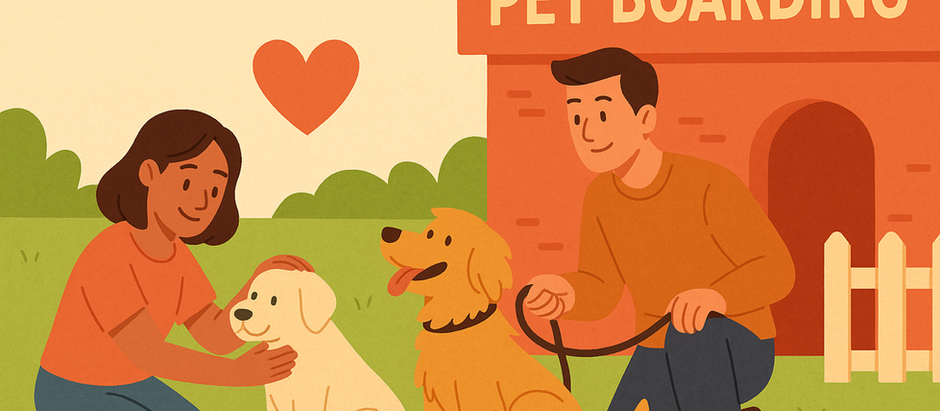 A smiling woman kneels to pet a light-colored dog while a man holds a leash attached to a golden dog in front of a pet boarding facility. A red heart floats between them, symbolizing love and comfort during pet pickup.