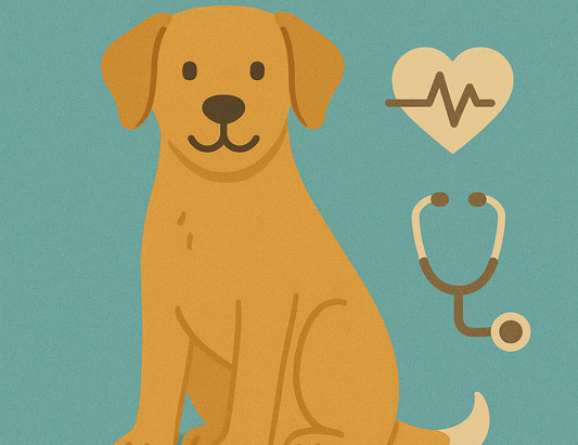 A friendly dog sits against a teal background, accompanied by icons of a paw print, stethoscope, and heart monitor, emphasizing the health benefits of grooming.