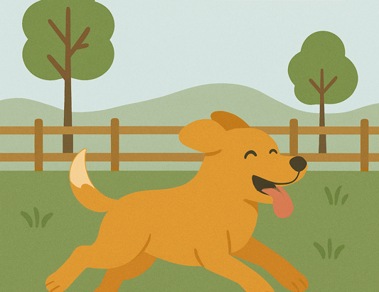 A cheerful golden dog runs freely across a large green field with trees, hills, and a fence in the background, representing the joy and benefits of spacious play areas.
