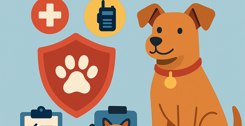 A friendly orange-brown dog sits beside icons representing pet safety, including a red shield with a paw print, a medical cross, a walkie-talkie, a checklist, and clipboards with cat illustrations. The background is soft blue with “SAFETY FIRST” in bold navy text, symbolizing preparedness and professional care in pet facilities.