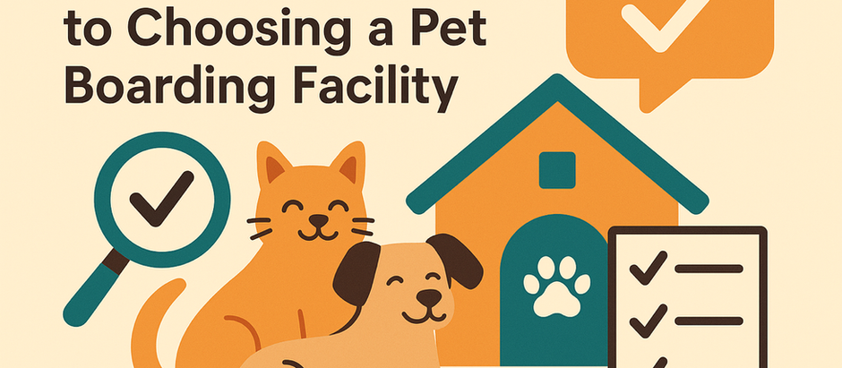 An illustration of a smiling dog and cat beside a pet boarding house, checklist, and magnifying glass with a check mark, highlighting key factors for choosing a pet boarding facility.