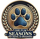 The Fur Seasons: Pet Hotel & Grooming logo featuring a gold and blue paw print emblem with laurel accents on a royal blue background.
