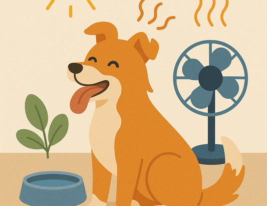 A happy dog pants while sitting near a water bowl and electric fan under a hot sun, symbolizing pet safety and cooling strategies during hot El Paso summers.