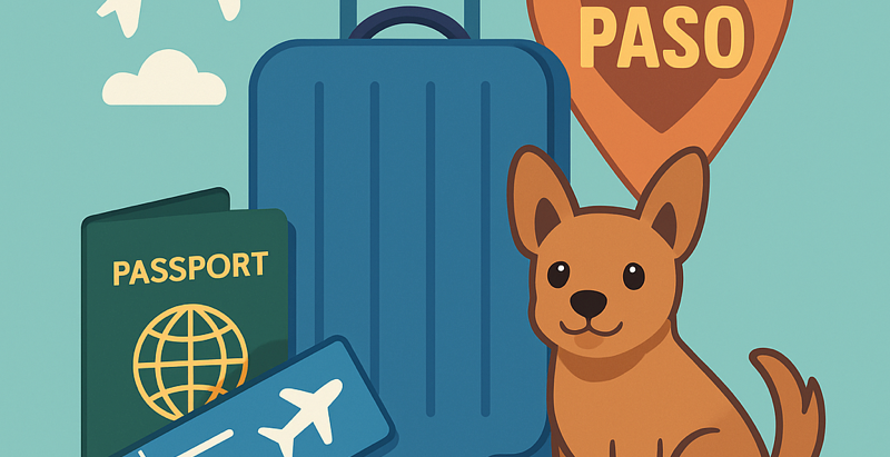 A brown dog sits next to a blue suitcase, a green passport, and a plane ticket. Behind them is a large orange location pin labeled “El Paso” and a white airplane flying overhead, symbolizing pet travel and airport proximity.