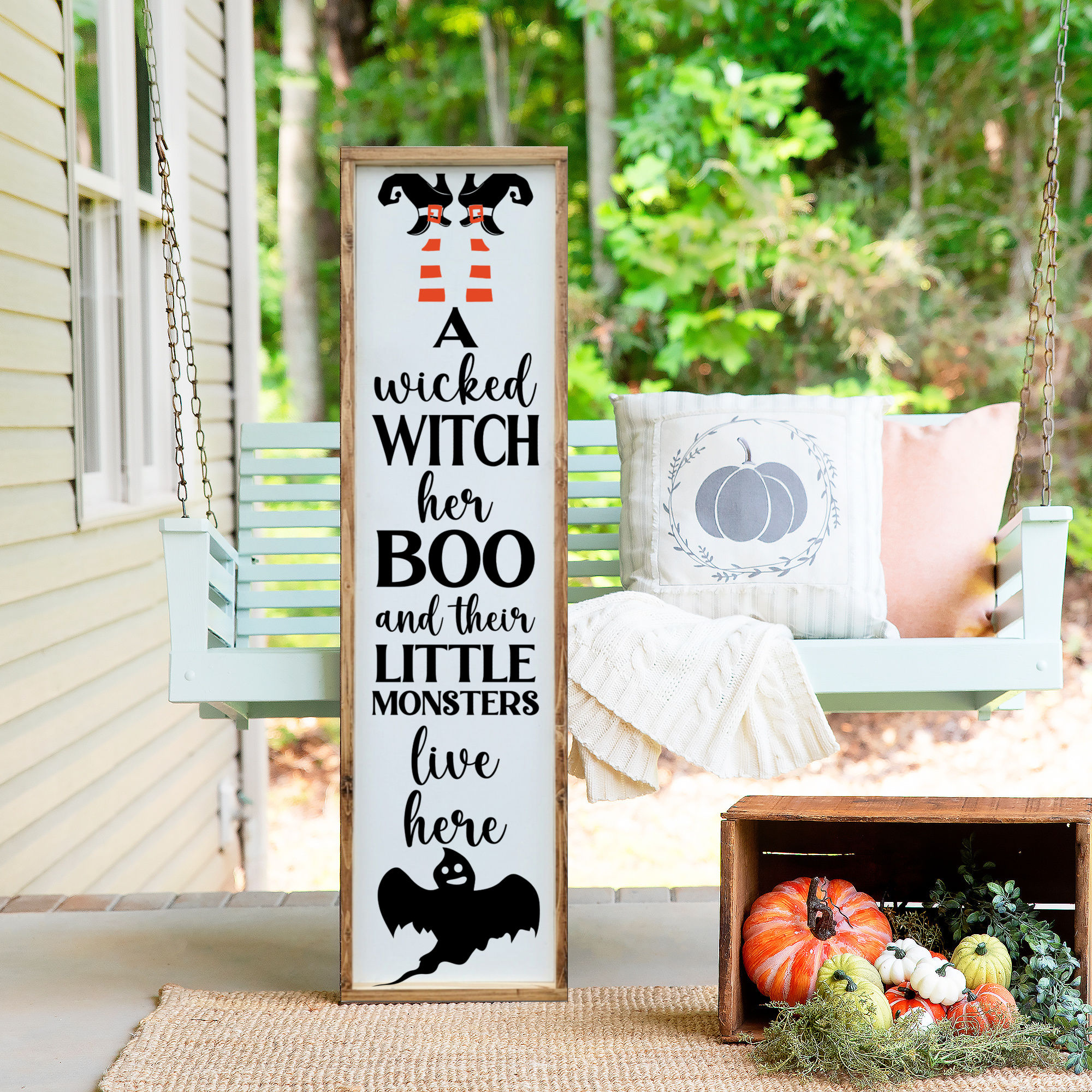 A Wicked Witch Her Boo and Their Little Monsters Live Here Porch Sign