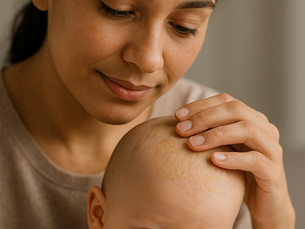 A mother gently examines her baby’s scalp for cradle cap, illustrating a typical PLAB 2 paediatrics scenario focused on parental reassurance.