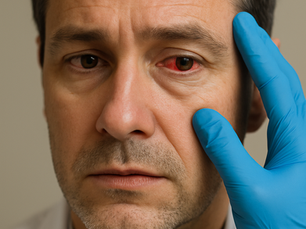 A concerned middle-aged man with a vivid red subconjunctival hemorrhage in his right eye, being gently examined by a gloved medical professional in a clinical setting.