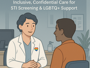 Doctor consulting a patient in a sexual health clinic for a PLAB 2 scenario, symbolizing inclusive, confidential care for STI screening and LGBTQ+ support.