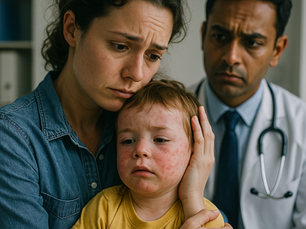 A PLAB 2 clinical scenario showing a concerned mother holding her rash-covered child in a GP setting, with a doctor assessing the situation.