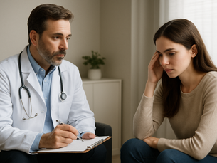 A middle-aged male doctor in a white coat sits across from a young woman in a beige sweater. The doctor listens attentively with a notepad in hand, while the woman looks concerned, resting her head on one hand. They are in a calm, well-lit consultation room, creating a private and professional atmosphere.