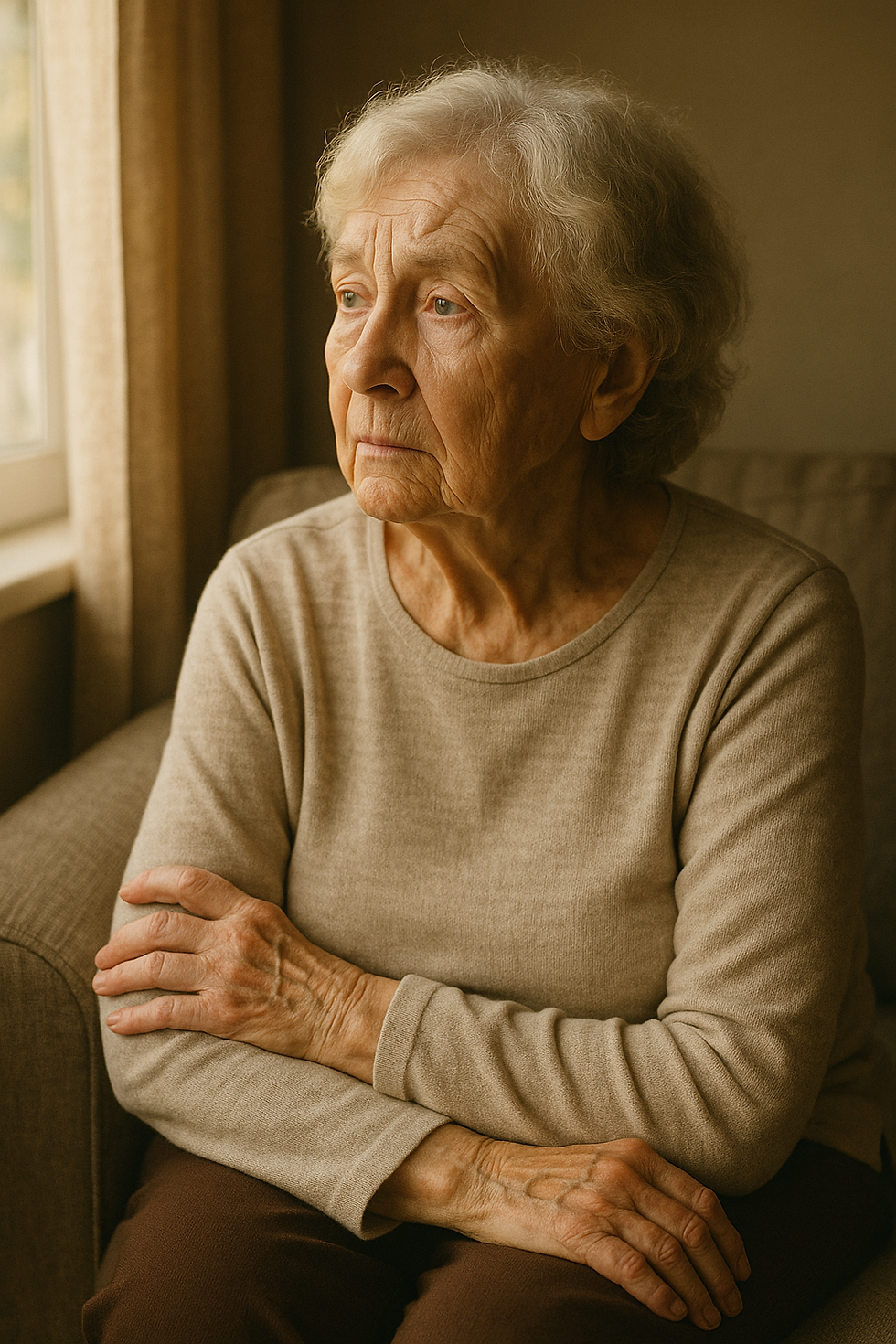 A thoughtful elderly woman with short white hair sits on a beige sofa, wearing a light brown long-sleeve top, gazing out of a window with a contemplative expression. Warm natural sunlight softly illuminates her face, highlighting her gentle wrinkles, creating a serene and empathetic mood.