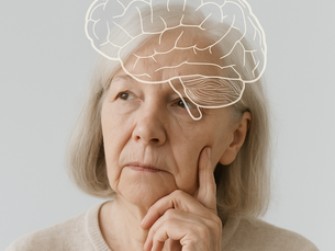 Portrait of a calm elderly woman with light gray hair and a thoughtful expression, with a subtle brain icon overlay representing memory assessment, used for PLAB 2 memory assessment revision.