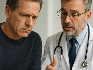 A concerned middle-aged man in a dark sweater listens intently as a doctor in a white coat and stethoscope explains medical results. The doctor holds a document and gestures empathetically during their conversation in a bright, clinical setting.