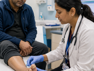PLAB 2 dermatology consultation showing a doctor examining a patient’s fungal toenail infection (onychomycosis) in a realistic hospital clinic setting.