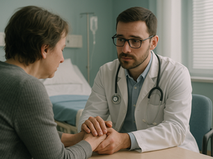 A doctor sitting across from a distressed relative in a softly lit hospital room, gently holding their hand with a compassionate expression. The setting includes a hospital bed and medical equipment in the background, subtly highlighting empathy and emotional support.
