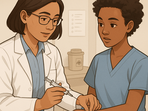 A PLAB 2 teaching session where a doctor demonstrates subcutaneous injection technique to a medical student in a clinical skills setting.
