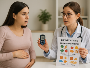 Pregnant woman in a light pink top holding her belly, listening to a female doctor in a white coat who is showing a glucometer reading and a dietary advice chart for gestational diabetes management, featuring vegetables, fruits, protein, and grains, in a clinic setting.