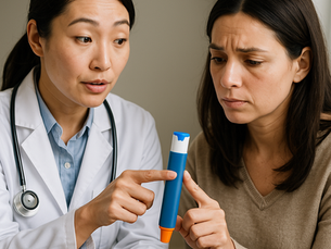 A PLAB 2 scenario showing a doctor in a white coat demonstrating EpiPen use to a concerned mother, simulating a teaching station.