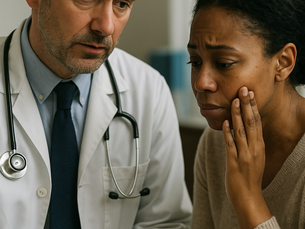 A middle-aged male doctor empathetically communicates serious news to a distressed female carer in a quiet hospital setting, representing a typical PLAB 2 scenario on breaking bad news and palliative care.