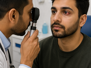 PLAB 2 ophthalmology station showing a doctor examining a patient with a red eye in a clinical setting, demonstrating assessment of subconjunctival haemorrhage and safe eye examination skills.