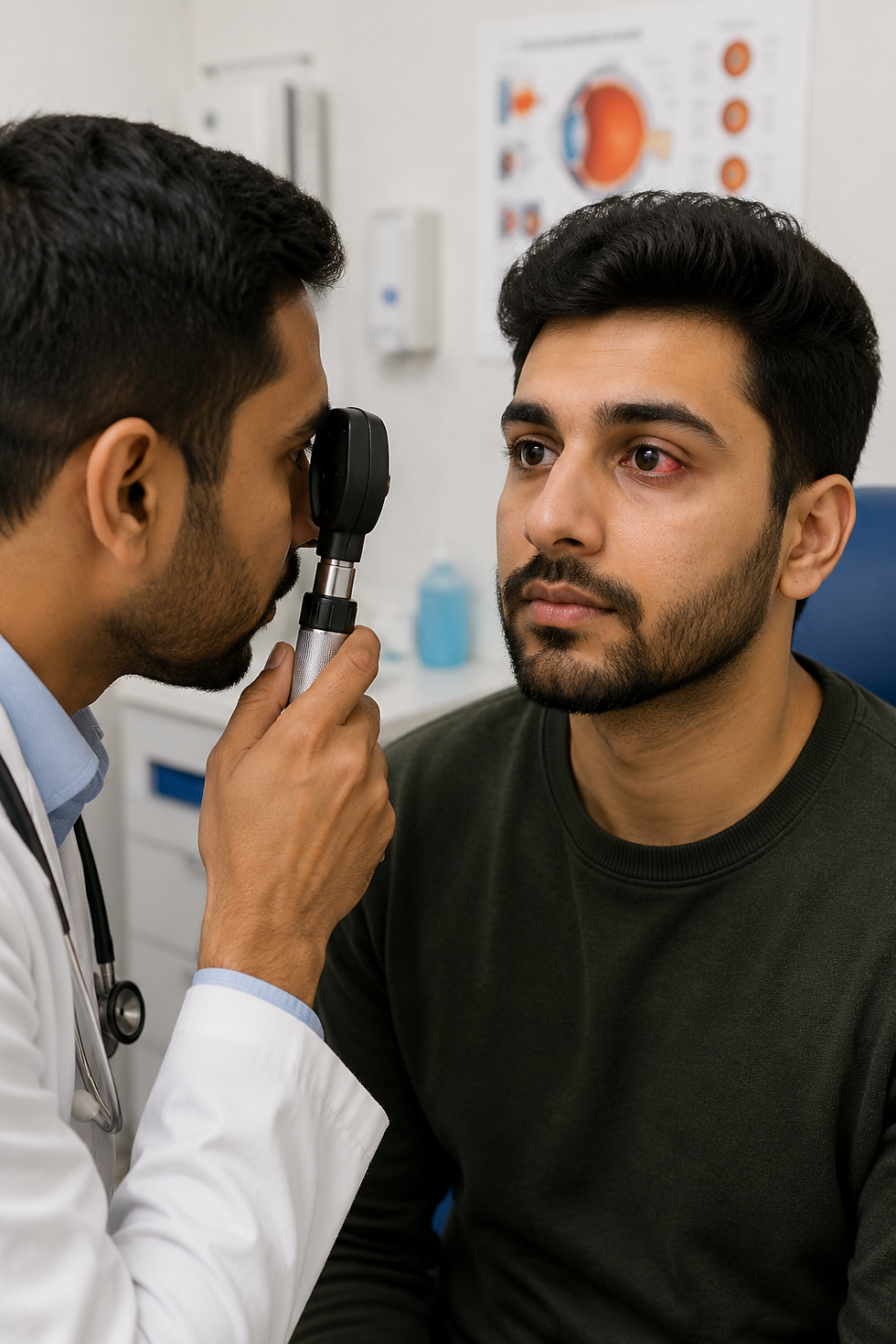 PLAB 2 ophthalmology station showing a doctor examining a patient with a red eye in a clinical setting, demonstrating assessment of subconjunctival haemorrhage and safe eye examination skills.