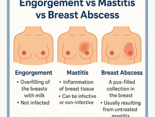 PLAB 2 educational infographic illustrating breast engorgement, mastitis, and breast abscess with simple diagrams and clinical descriptions.