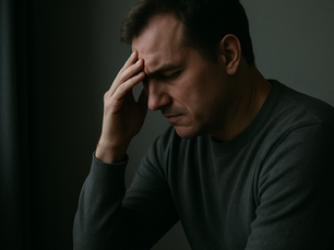 A middle-aged man with short dark hair sits alone in a dimly lit room, wearing a gray sweater. He is turned slightly away from the camera, eyes closed, and resting his hand on his forehead, expressing deep emotional distress and solitude.