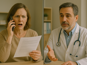 A composite image showing two adjacent scenes in a medical office. On the left, a visibly upset middle-aged woman with shoulder-length brown hair speaks angrily on the phone while holding a document, her mouth open in frustration. On the right, a calm male doctor in a white coat and stethoscope listens attentively, gesturing gently with his hand, conveying empathy and professionalism.