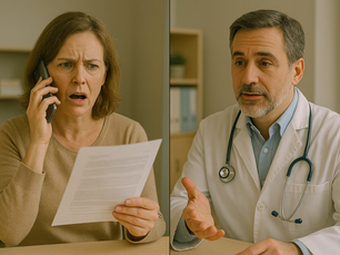 A composite image showing two adjacent scenes in a medical office. On the left, a visibly upset middle-aged woman with shoulder-length brown hair speaks angrily on the phone while holding a document, her mouth open in frustration. On the right, a calm male doctor in a white coat and stethoscope listens attentively, gesturing gently with his hand, conveying empathy and professionalism.