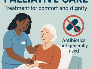 A digital educational graphic features the title "PALLIATIVE CARE" with the subtitle "Treatment for comfort and dignity." An illustration shows a compassionate nurse gently holding the hand of an elderly patient in bed. To the right, a red circle with a slash overlays an image of antibiotic capsules, accompanied by the text "Antibiotics not generally used," emphasizing the comfort-focused approach of palliative care.